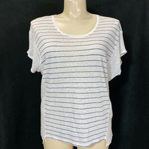 Vince Top MED Ivory Navy Blue Pin Stripe 100% Linen Scoop Hi Low Notch T Shirt